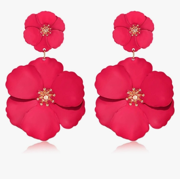 Dark Rose Pink Double Flower Earrings 2.5" Big Floral Statement Jewelry Flowers - Picture 2 of 8